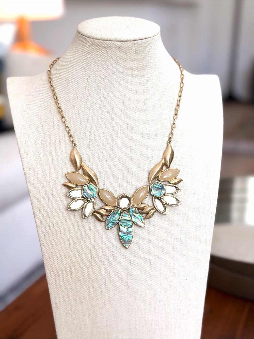 Taramanda Abalone Statement Necklace & Earrings Set NWT Gold Tone Floral